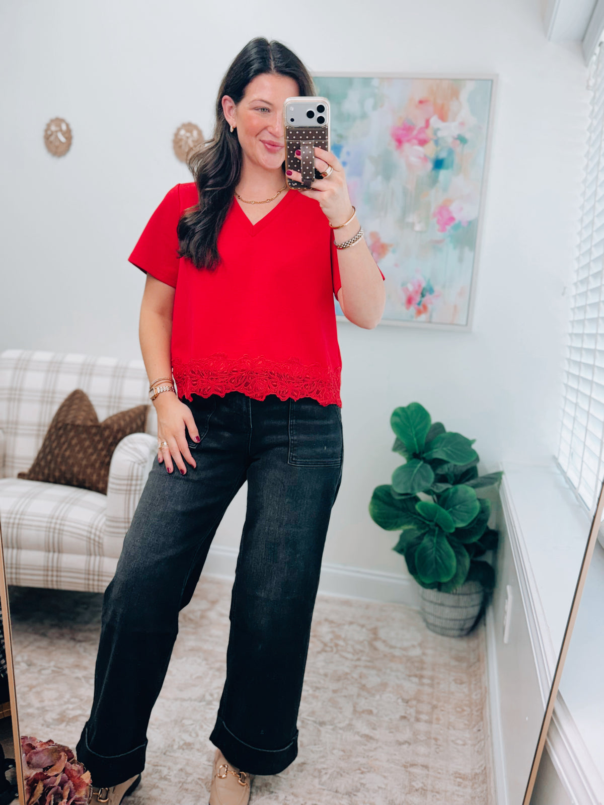 Red Lace Trim V-Neck Top
