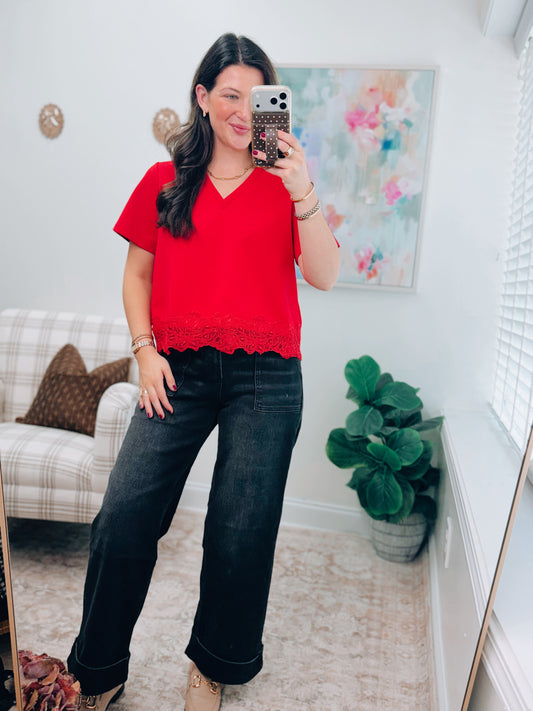 Red Lace Trim V-Neck Top