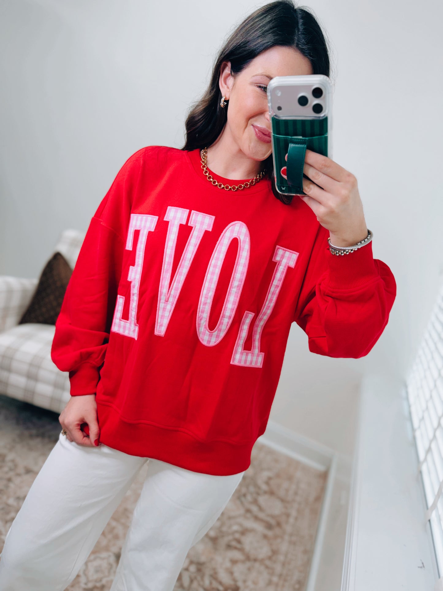 Love Gingham Embroidered Crewneck