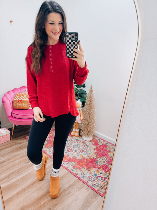 Button Brushed Sweater - Red