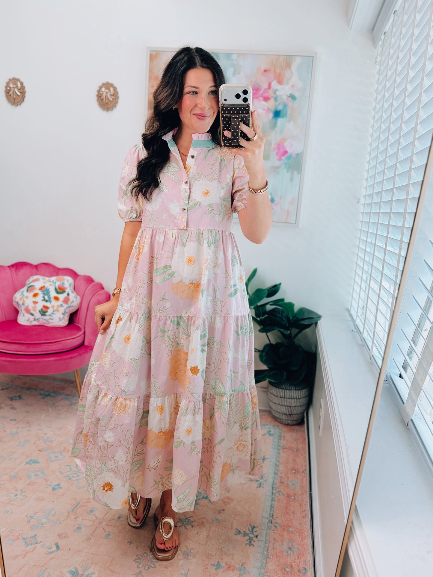 Pink Floral Tiered Midi Dress