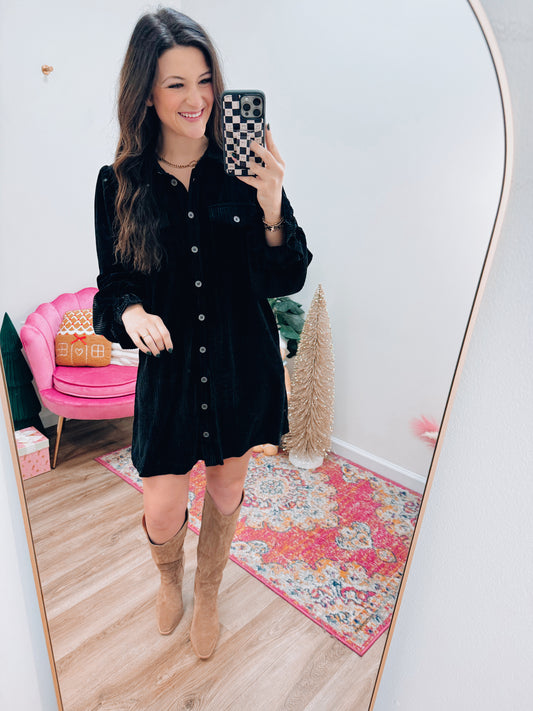 Velvet Glam Corded Button Mini Dress - Black