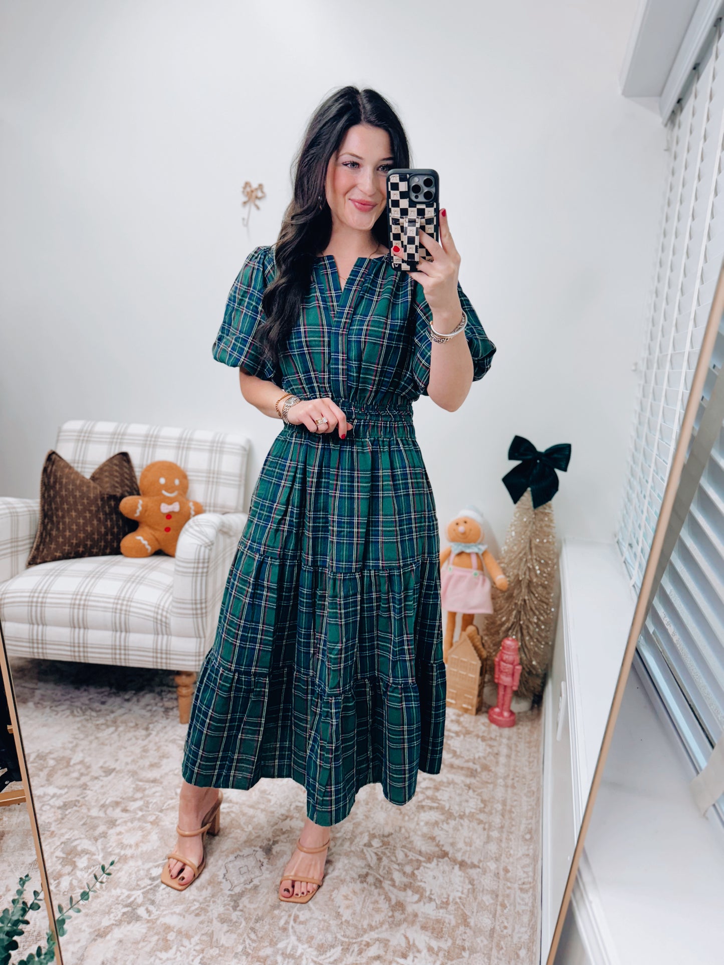 CURVY Woven Green Plaid Smocked Midi Dress