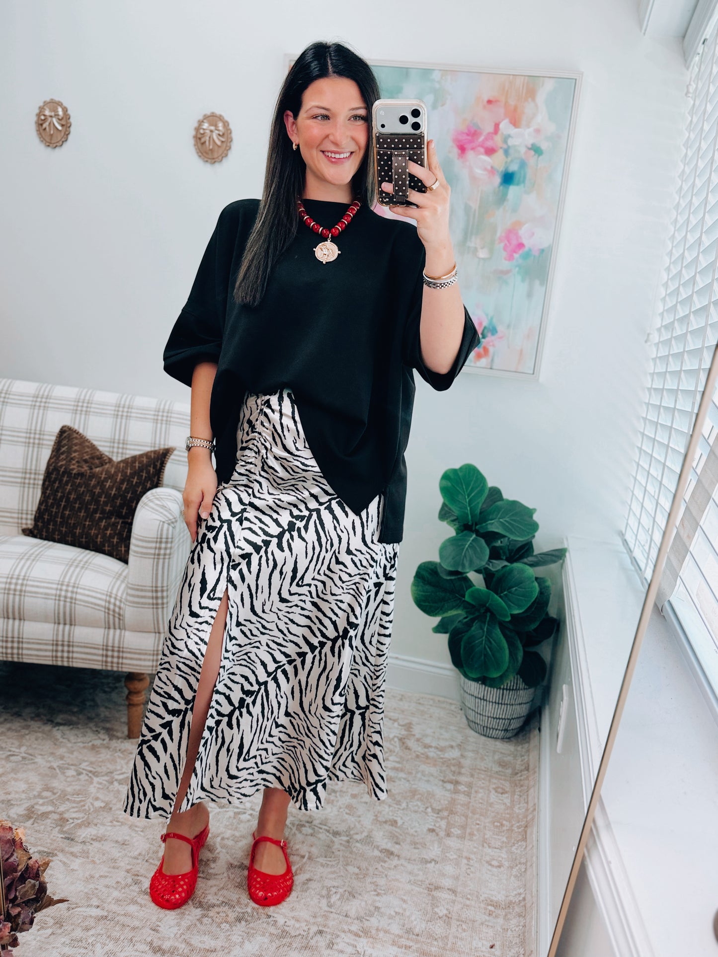 Zebra Satin Midi Rouche Skirt