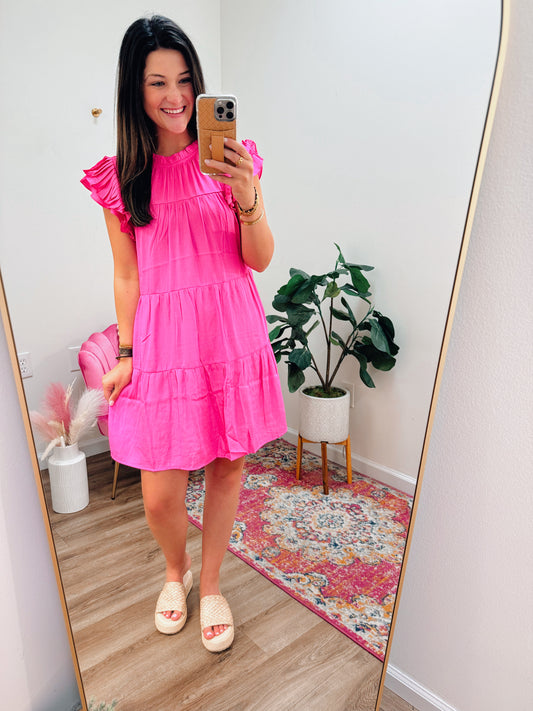 Landry Pink Satin Ruffle Mini Dress