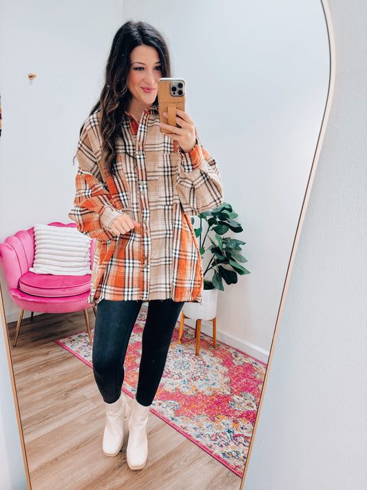 Rust Plaid Patchwork Flannel Shacket