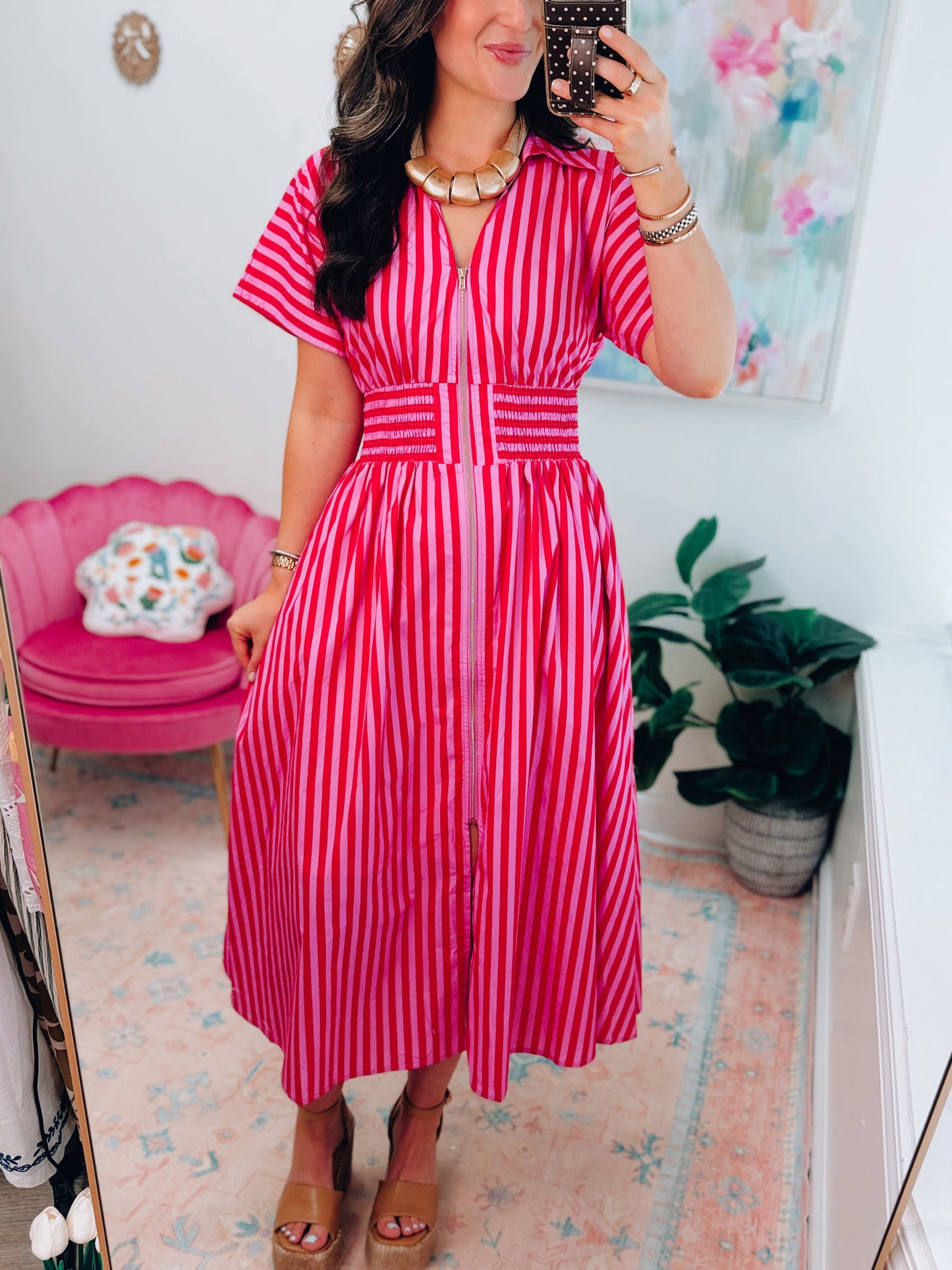 Sweet Escape Striped Zipper Midi Dress