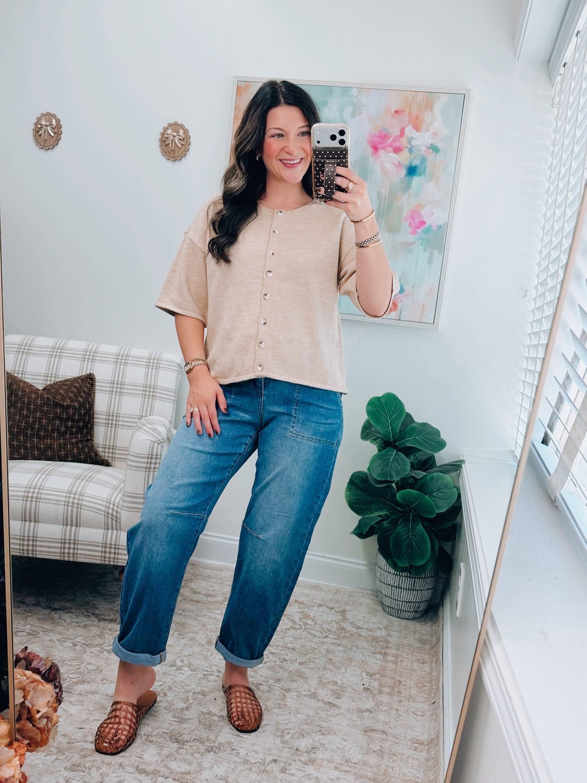 Beige Button Knit Sweater Top