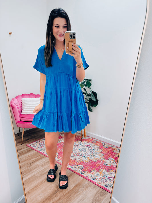 Lily Tiered Linen Mini Dress - Aqua