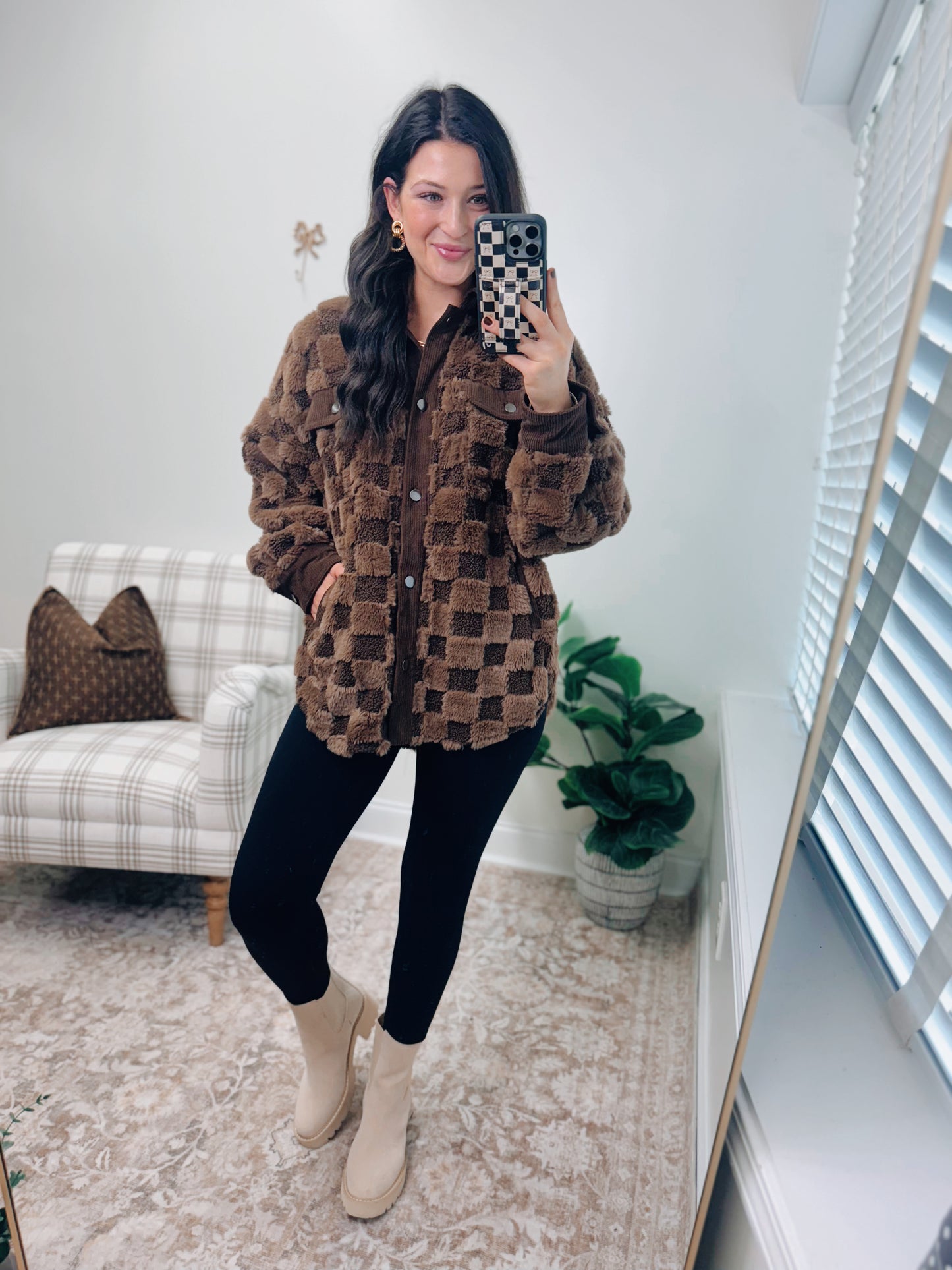 Chocolate Checkered Shearling Shacket