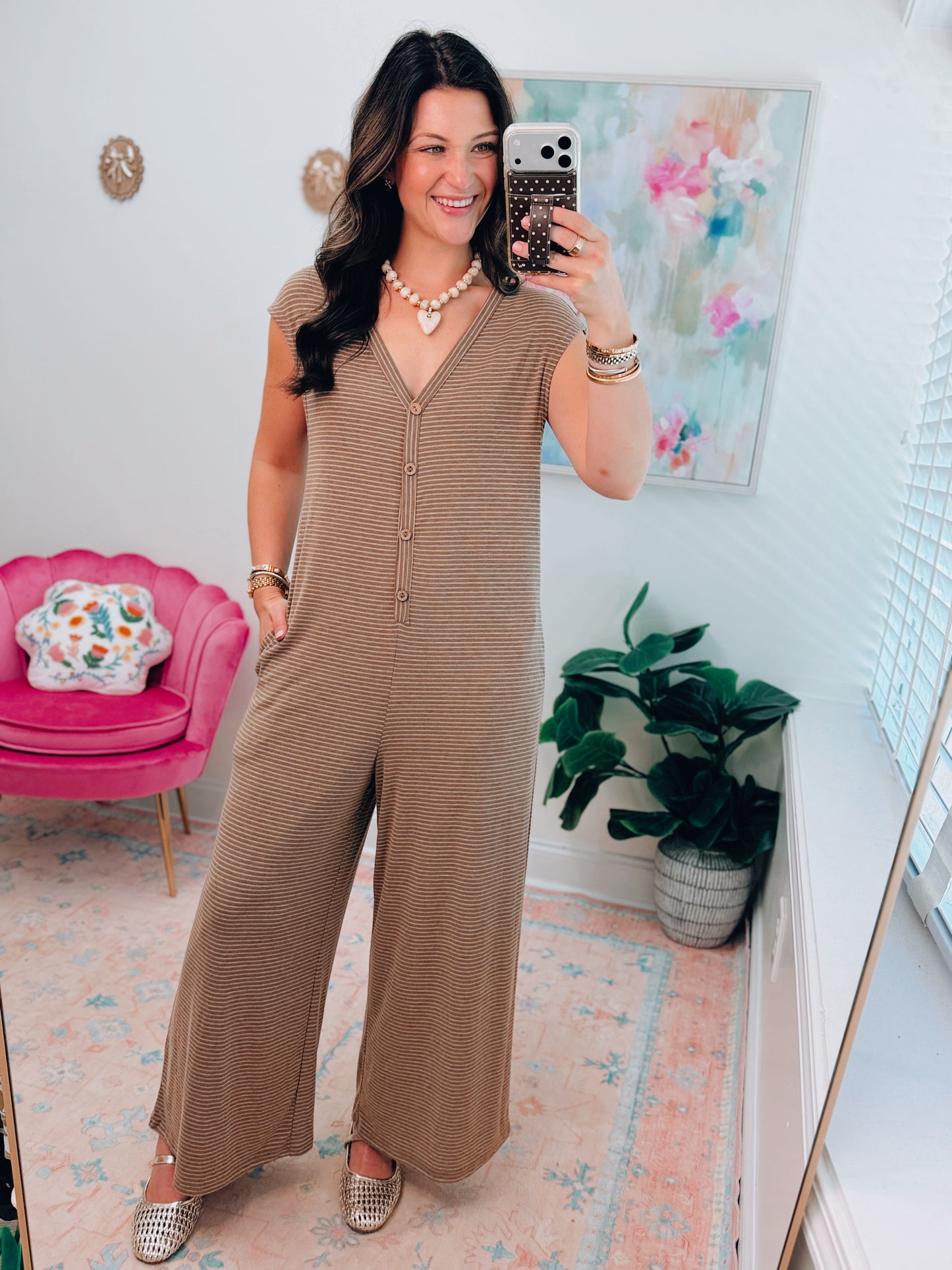 Nina Brown Striped Button Jumpsuit