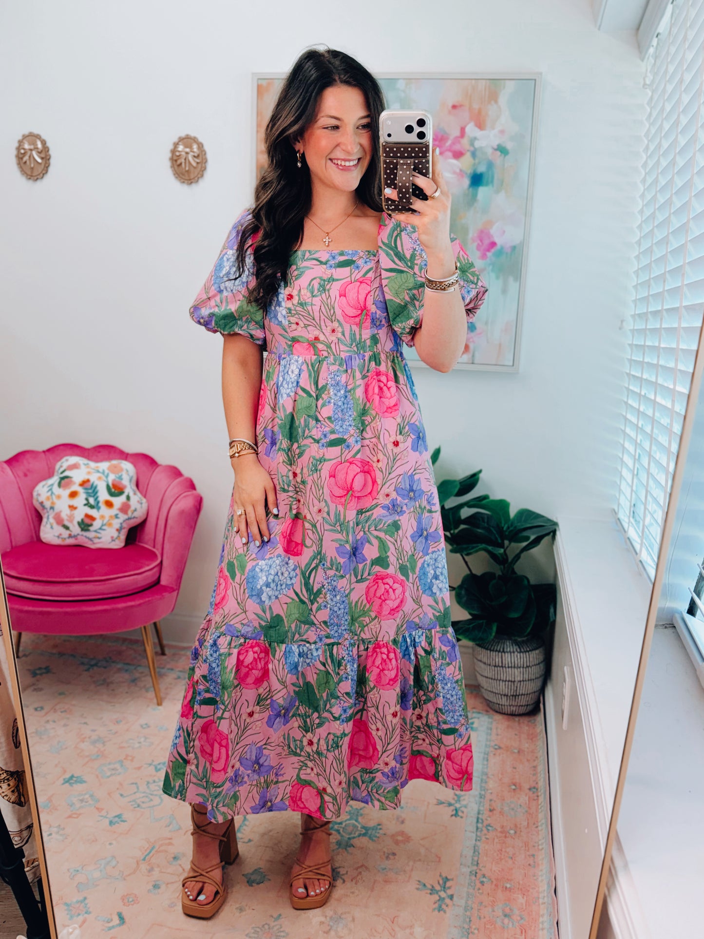 Pink Hydrangea Midi Dress