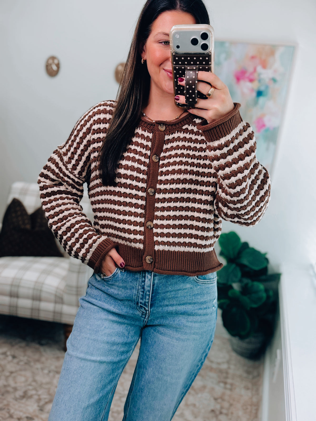 Nell Striped Crochet Knit Cardigan Top