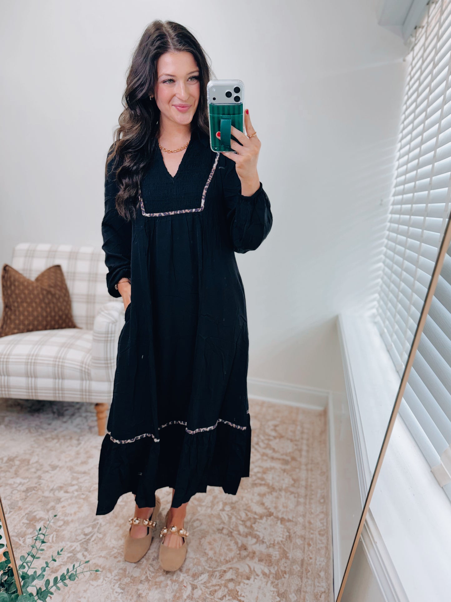 Black Smocked Leopard Trim Midi Dress