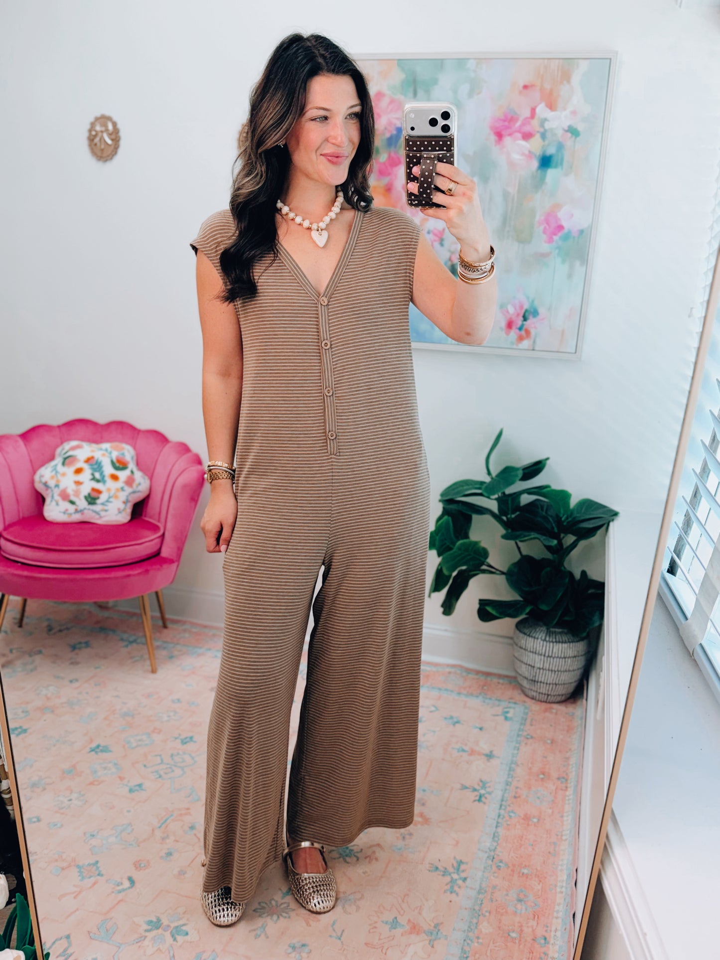 Nina Brown Striped Button Jumpsuit