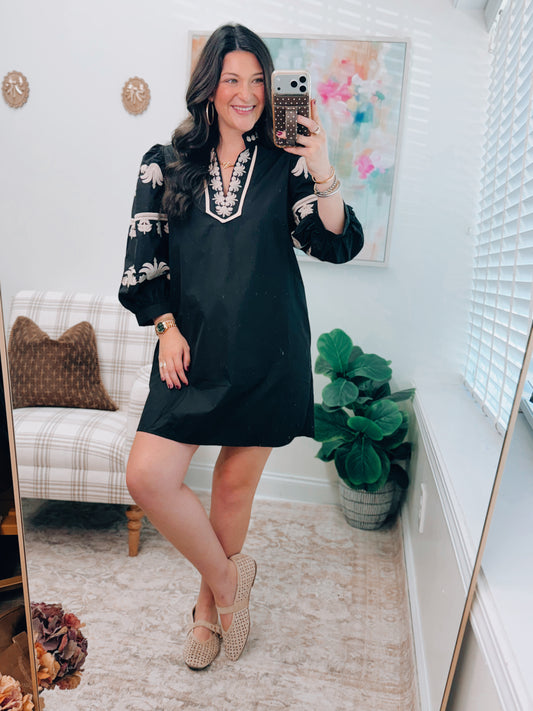 Black Abstract Embroidered Mini Dress