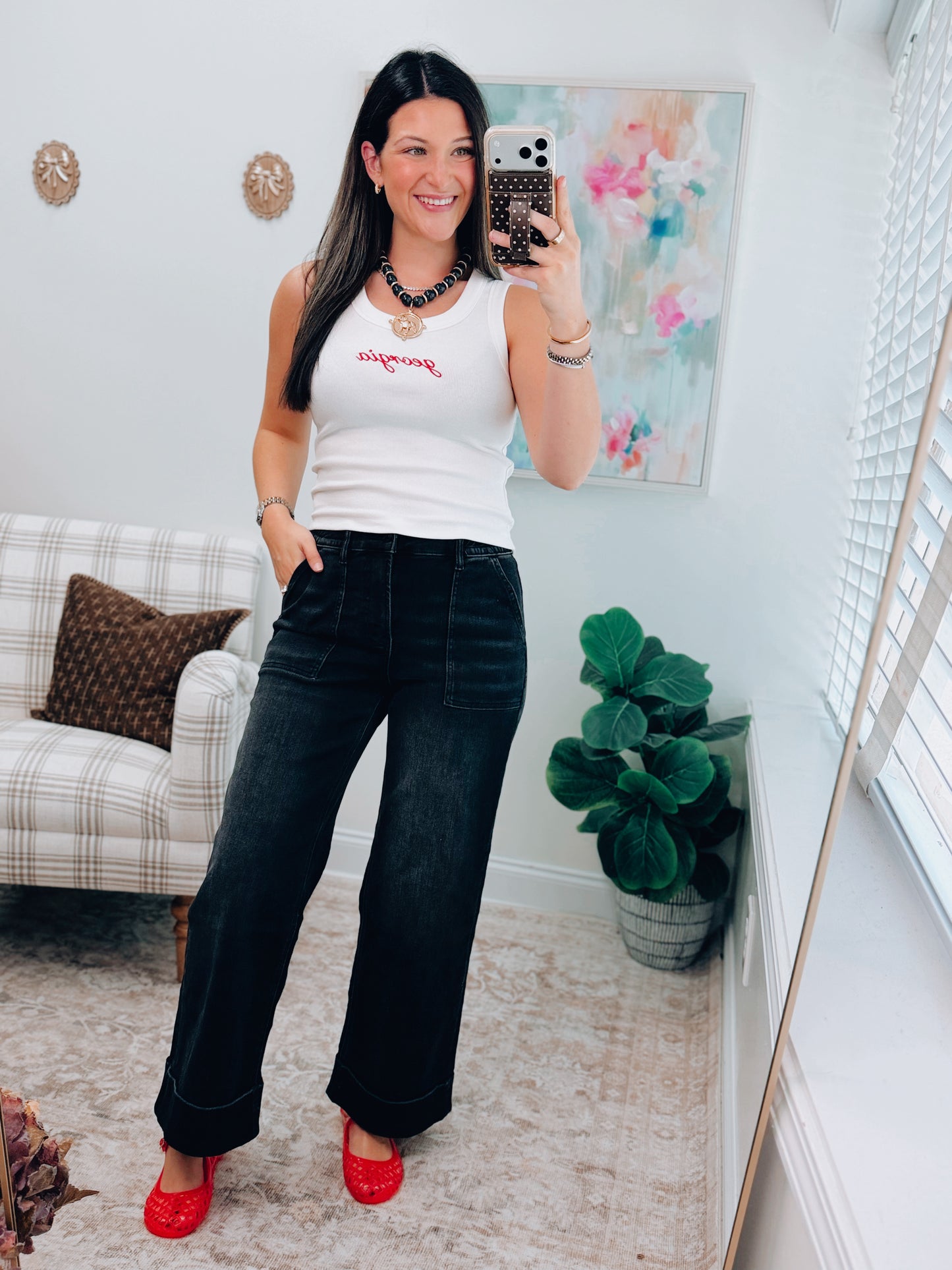 Georgia Embroidered Ribbed Tank Top - White