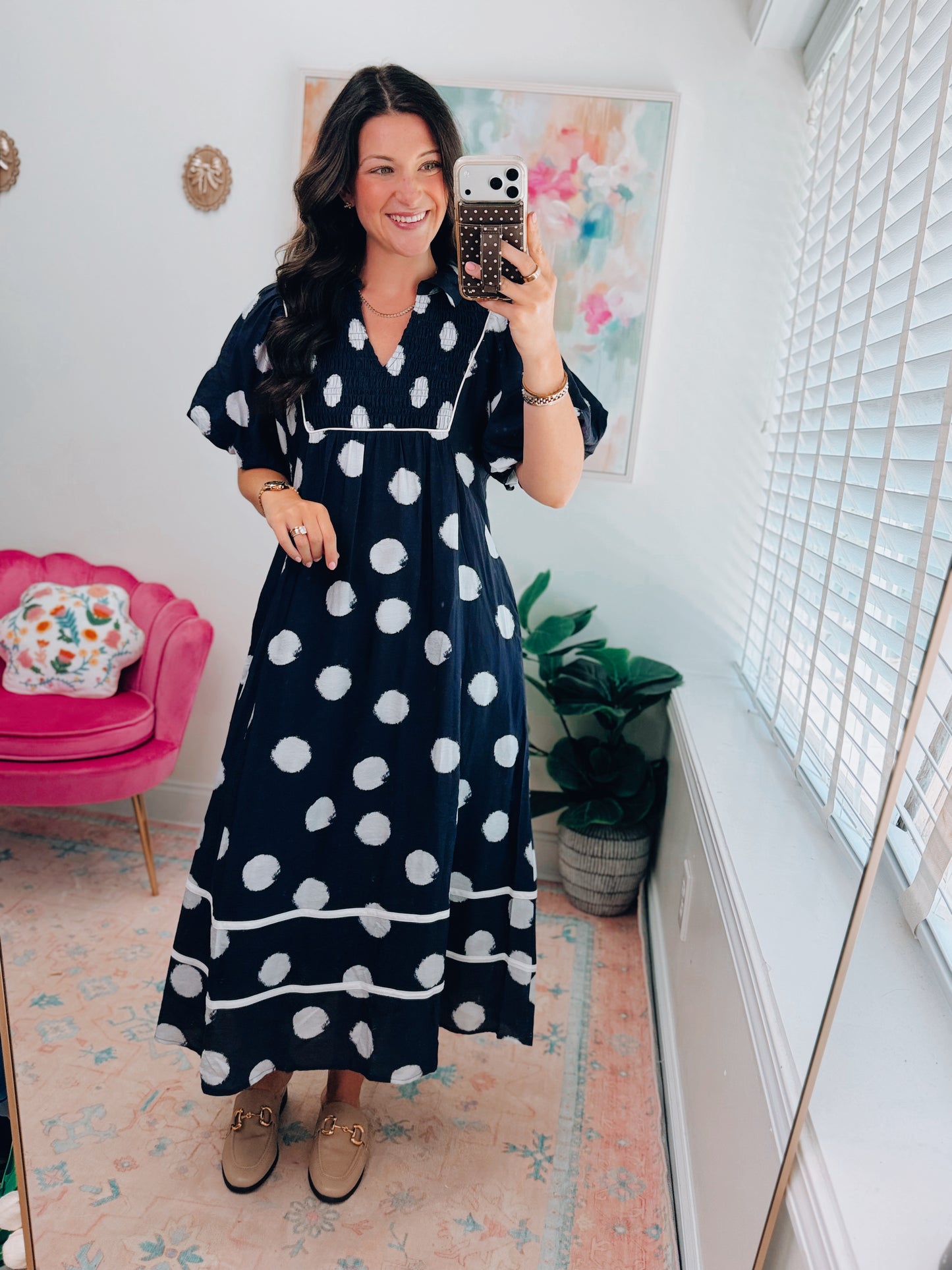 Navy Smocked Polka Dot Midi Dress