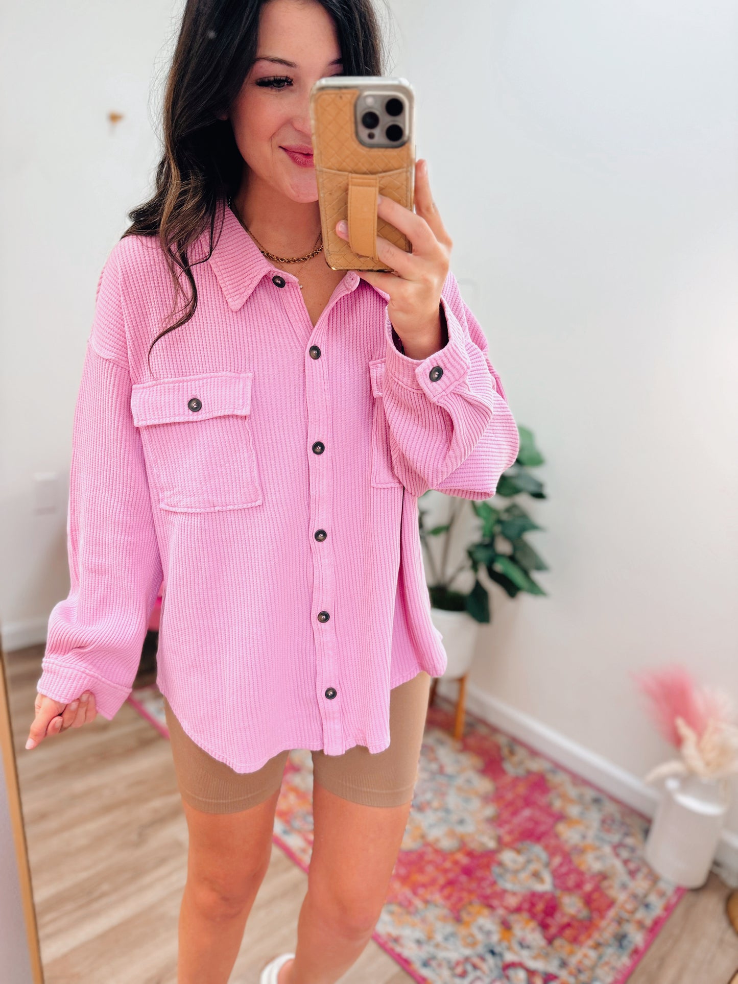 Give Me Fall Waffle Knit Shacket - Pink