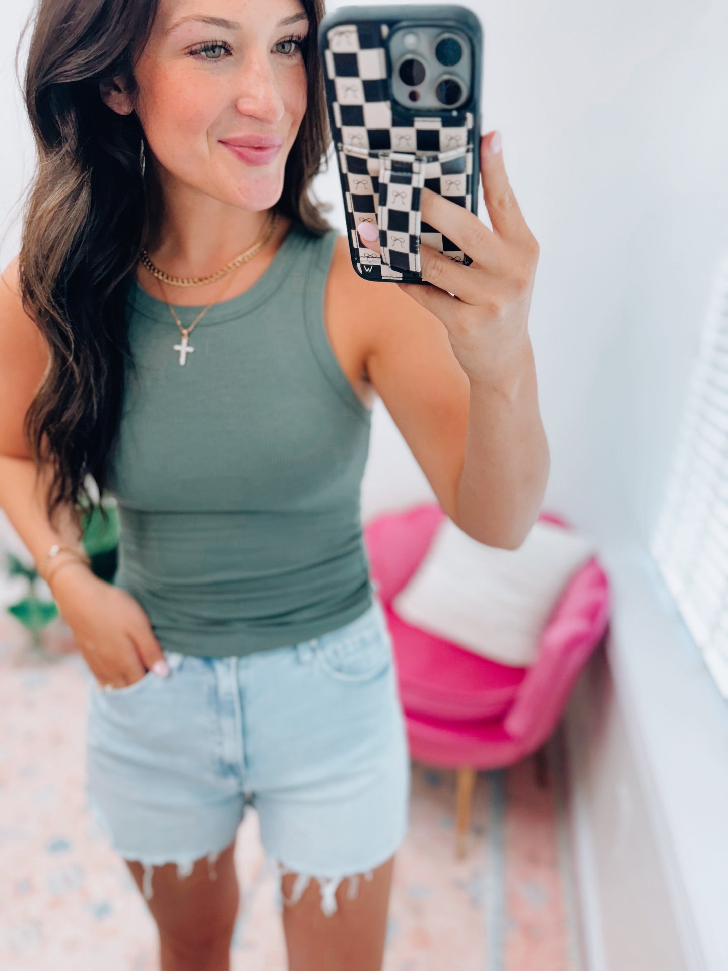 Bella Ribbed Basic Tank - Moss Green