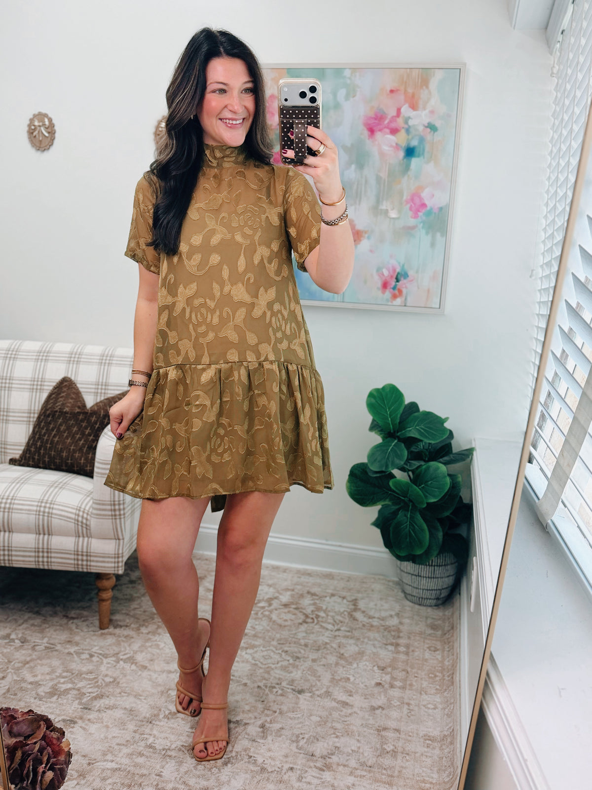 Floral Jacquard Tie-Neck Mini Dress