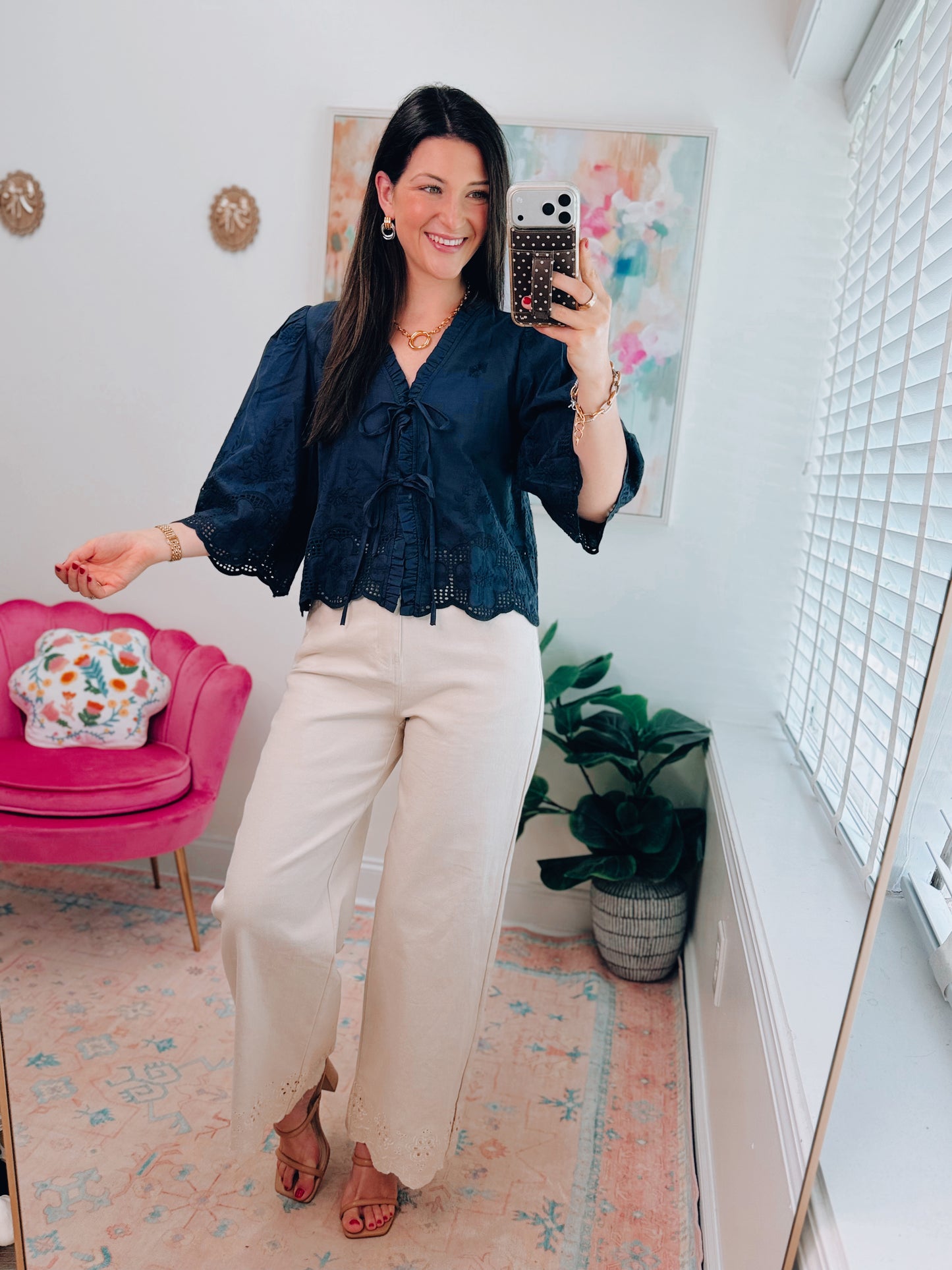 Navy Eyelet Tie Top