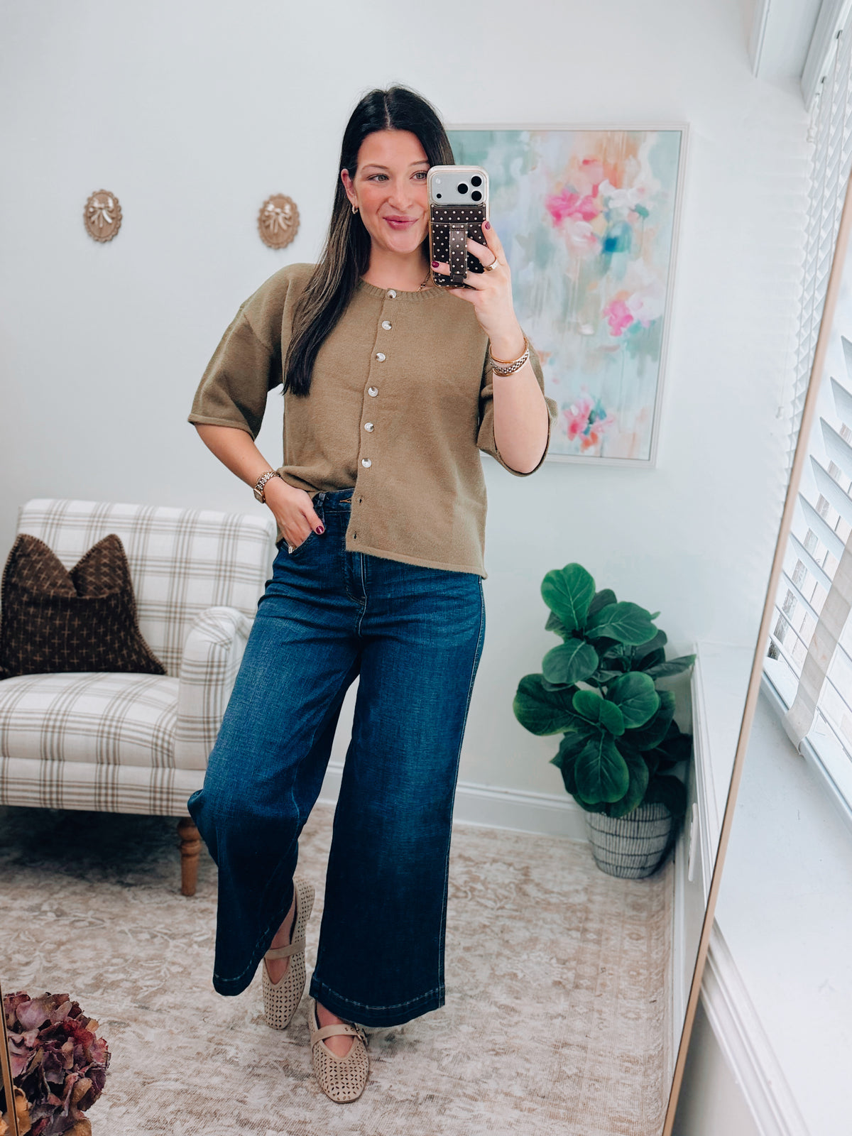 Olive Button Knit Sweater Top