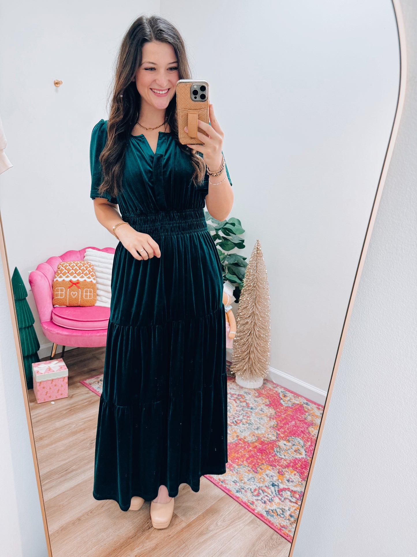 Deep Green Velvet Smocked Maxi