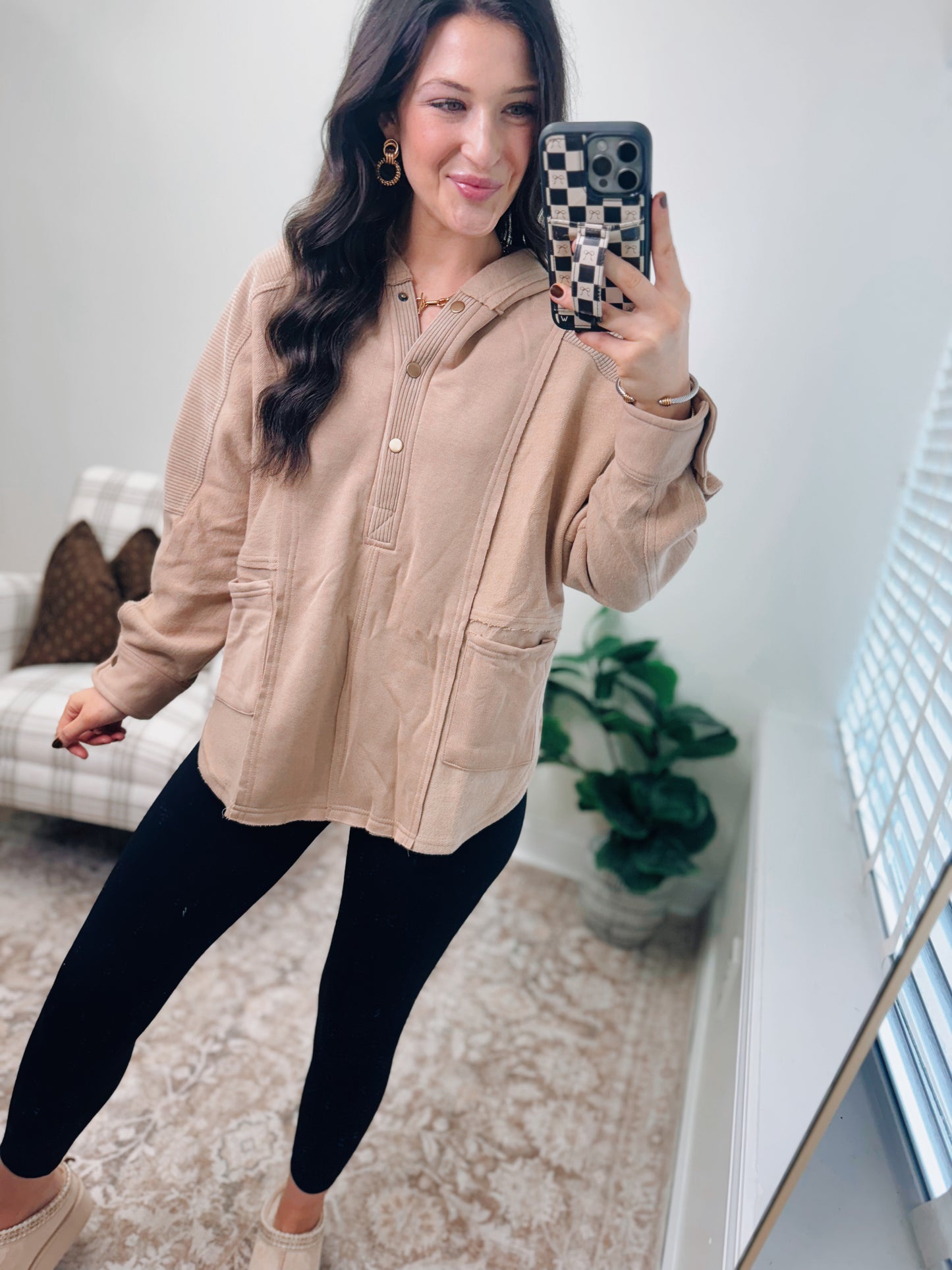 Exposed Front Pocket Hoodie Top - Taupe