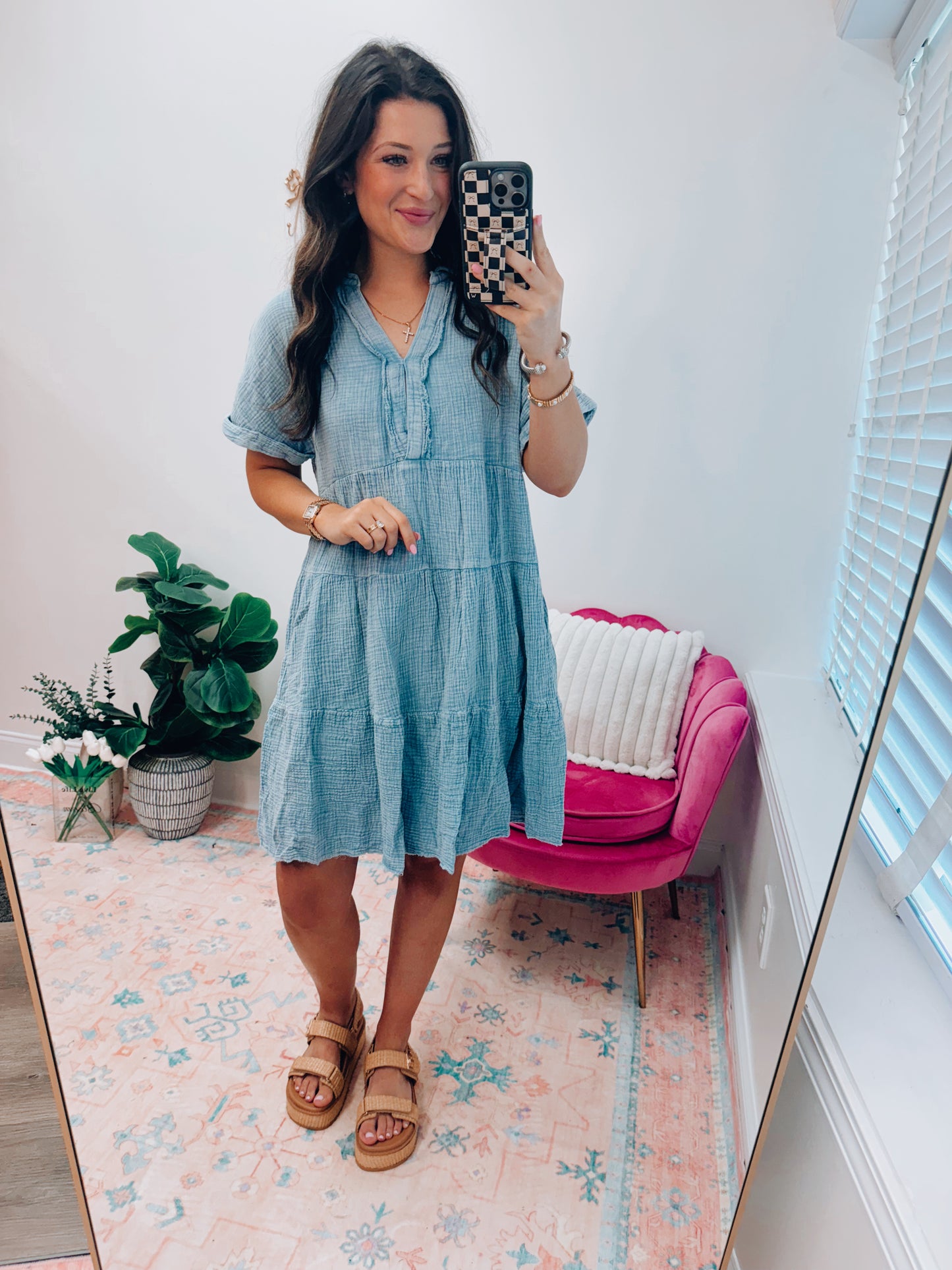 Beth Basic Mineral Gauze Mini Dress - Blue