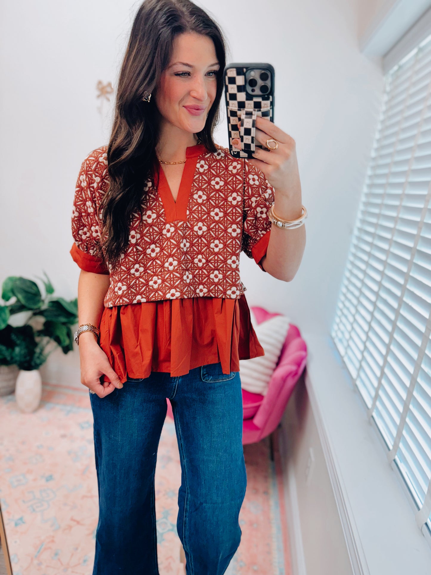 CURVY Darcy Floral Mix Media Top - Rust