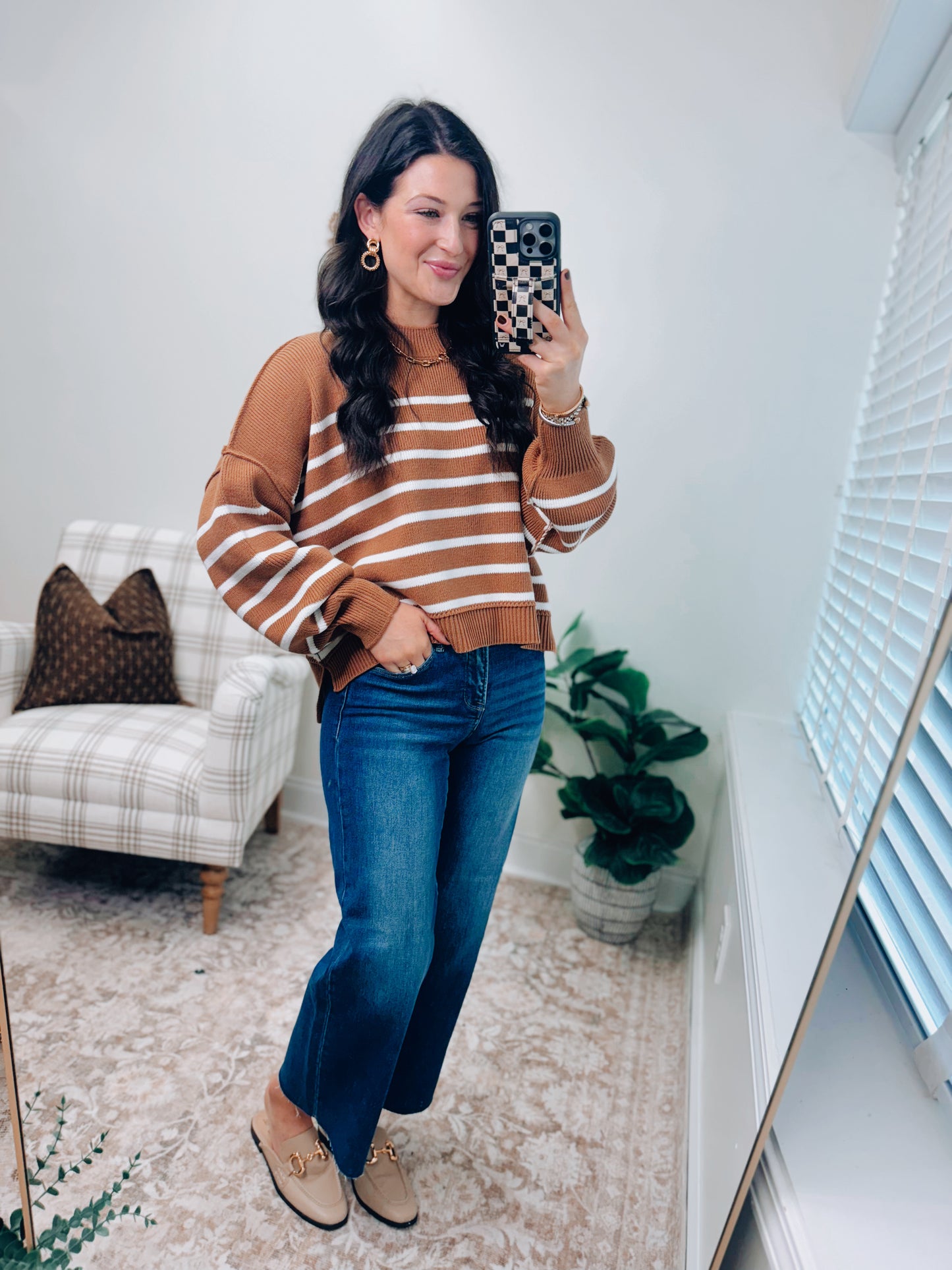 Mercer Striped Camel Mock Neck Ribbed Sweater