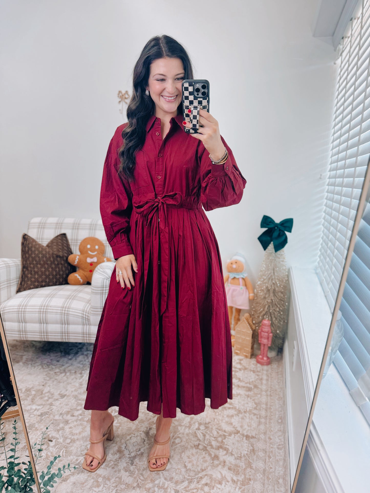 Burgundy Pleated Midi Tie Dress