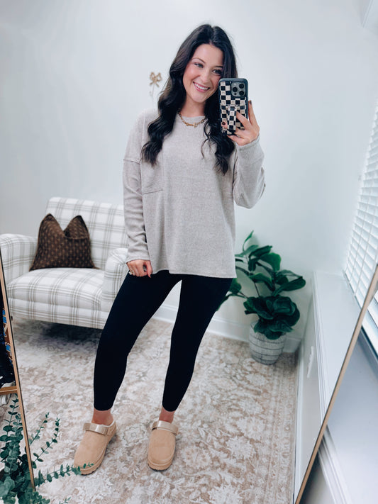 DOORBUSTER Pocket Brushed Ribbed Top - Heather Mocha