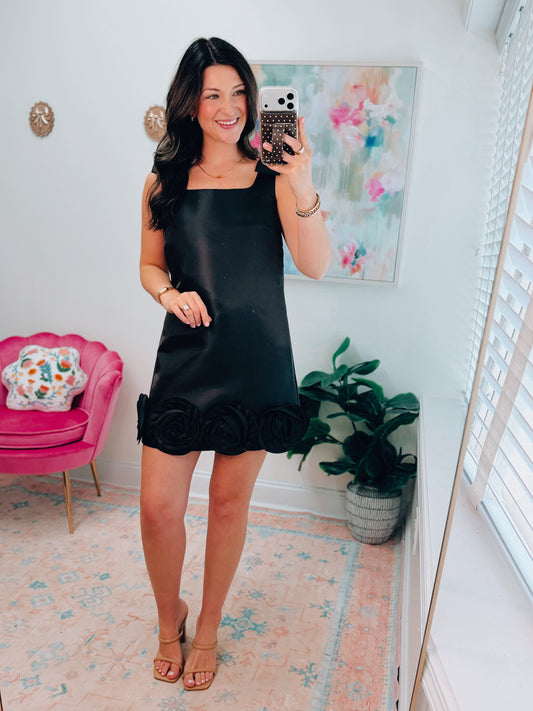 Rosette Satin Black Mini Dress
