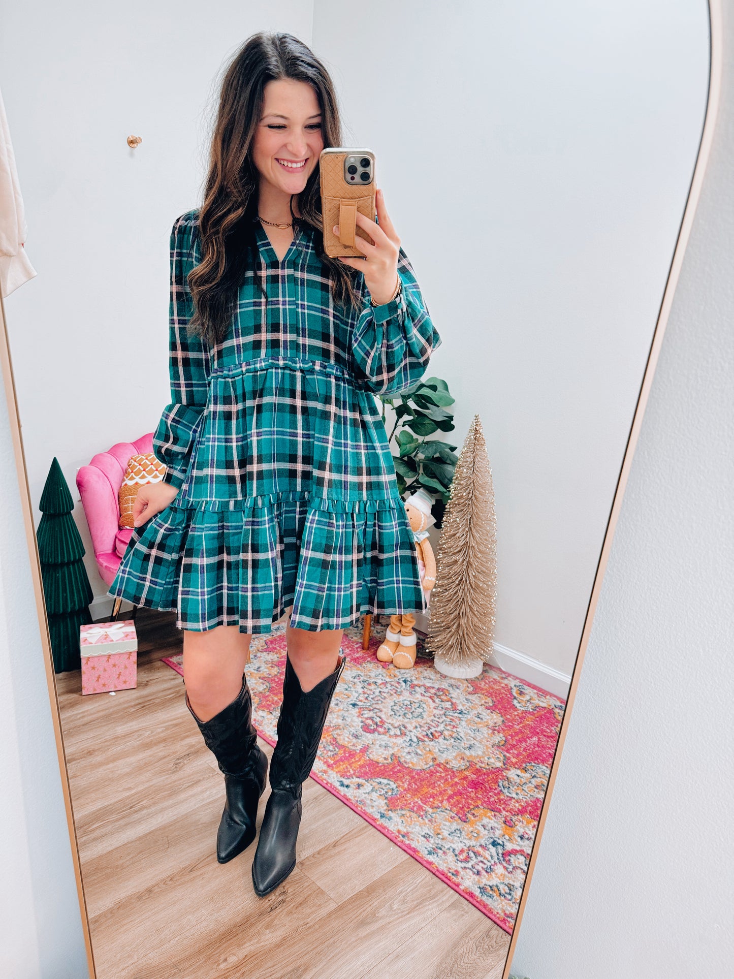 Green Holiday Flannel Mini Dress