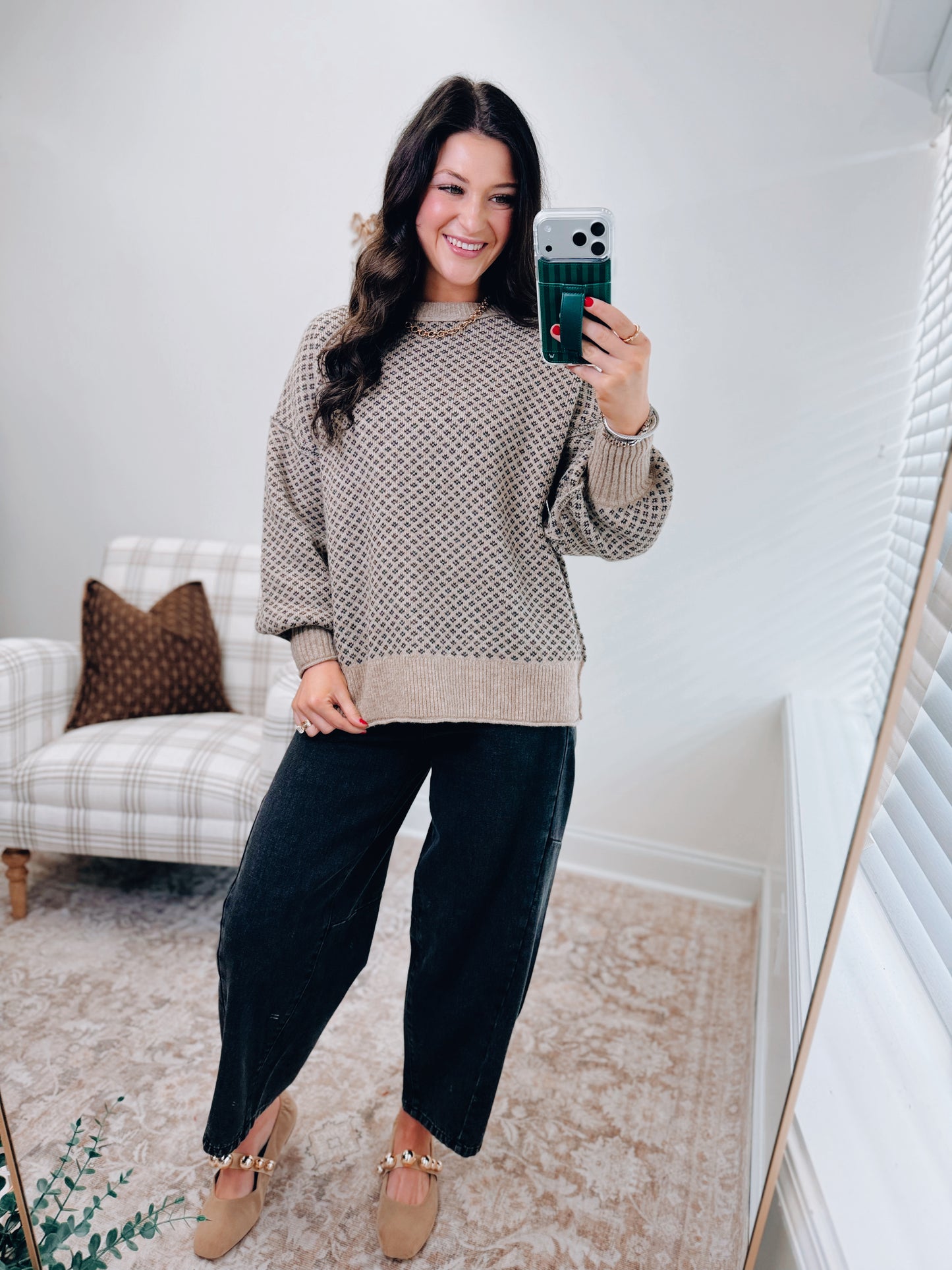 Mini Jacquard Taupe Knit Sweater