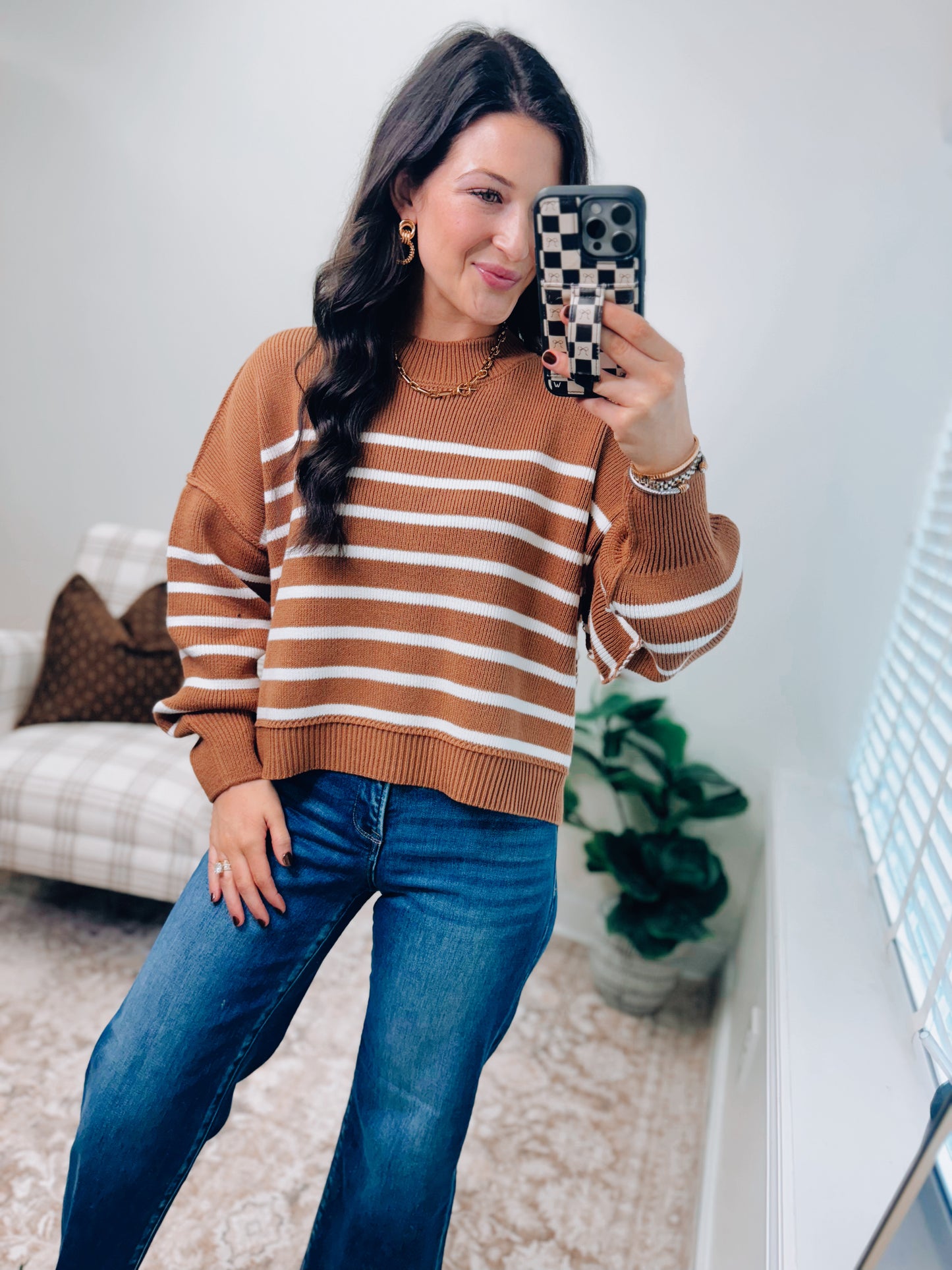 Mercer Striped Camel Mock Neck Ribbed Sweater