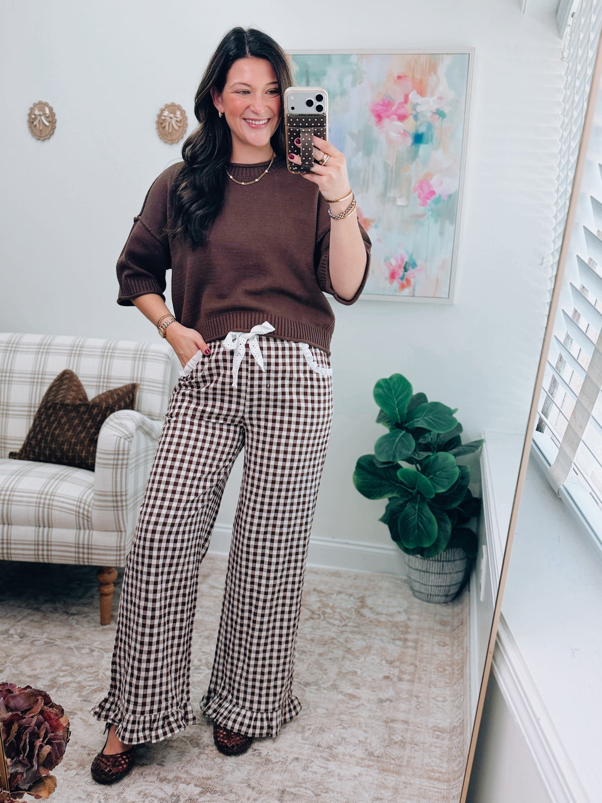 Brown Gingham Lace Ruffle Pants