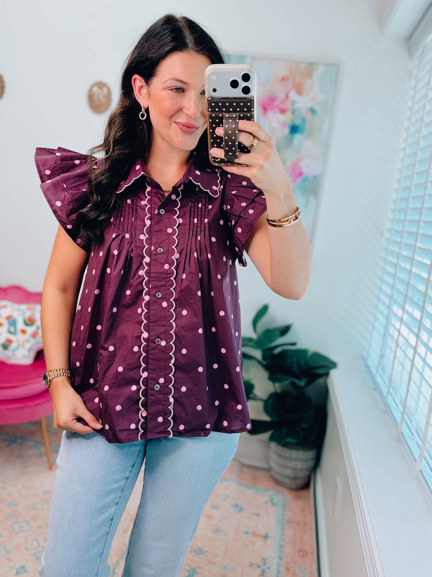 Plum Polka Dot Scallop Top