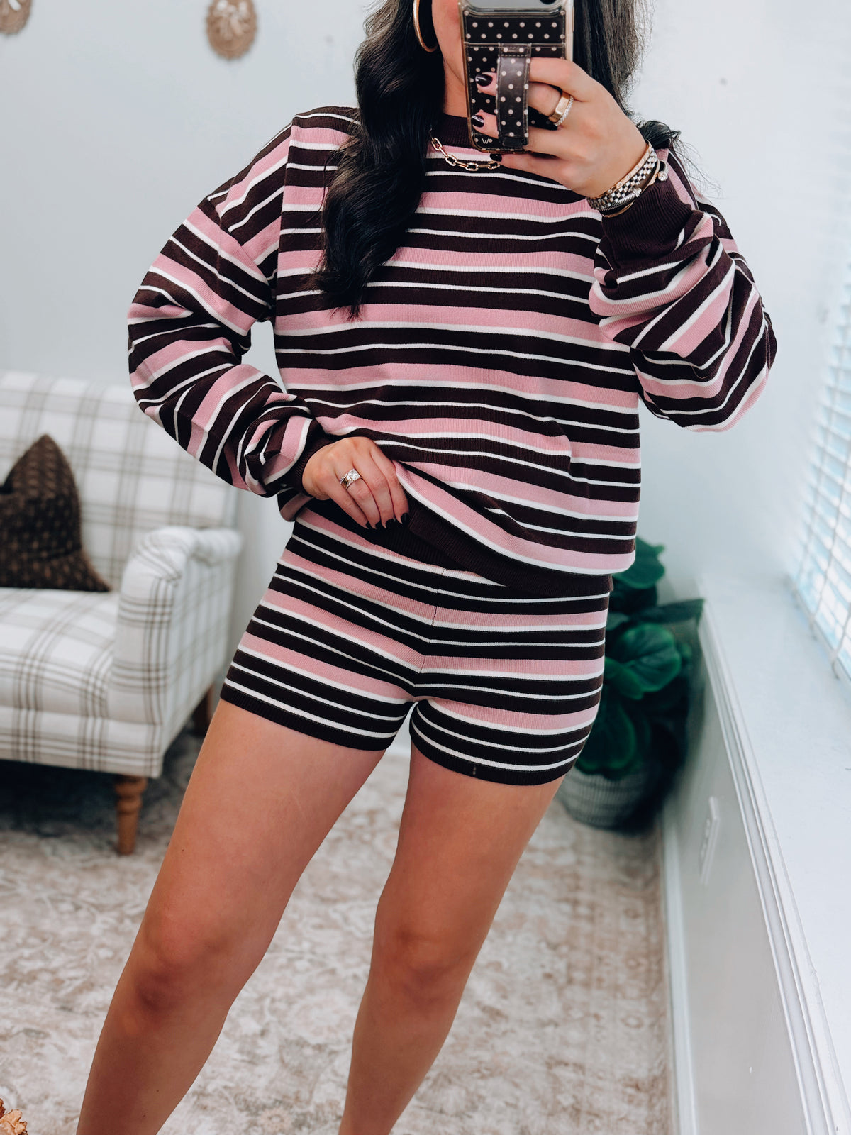 Pink Maplewood Striped Sweater Top w/ lounge shorts