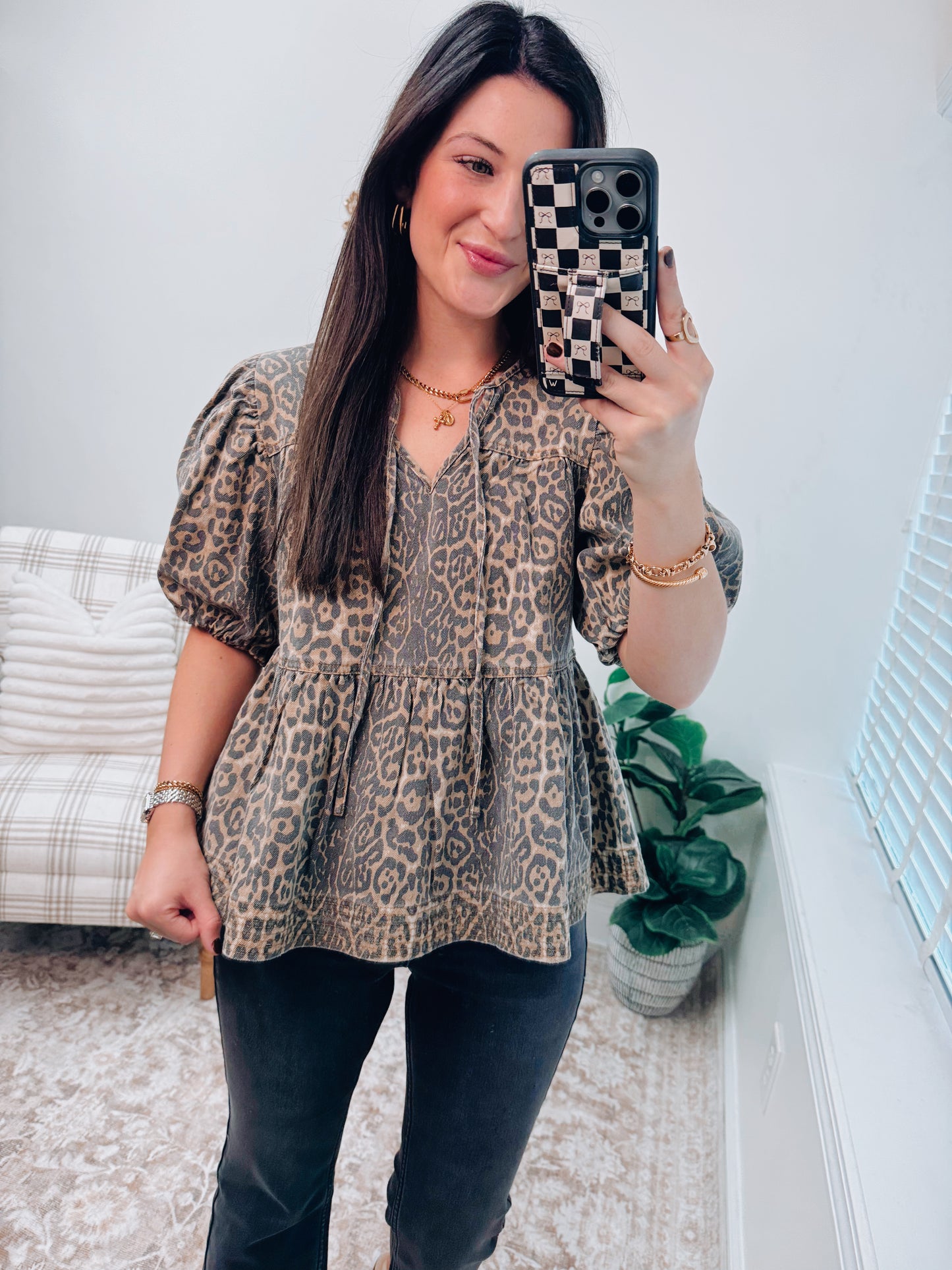 Leopard Denim Babydoll Top