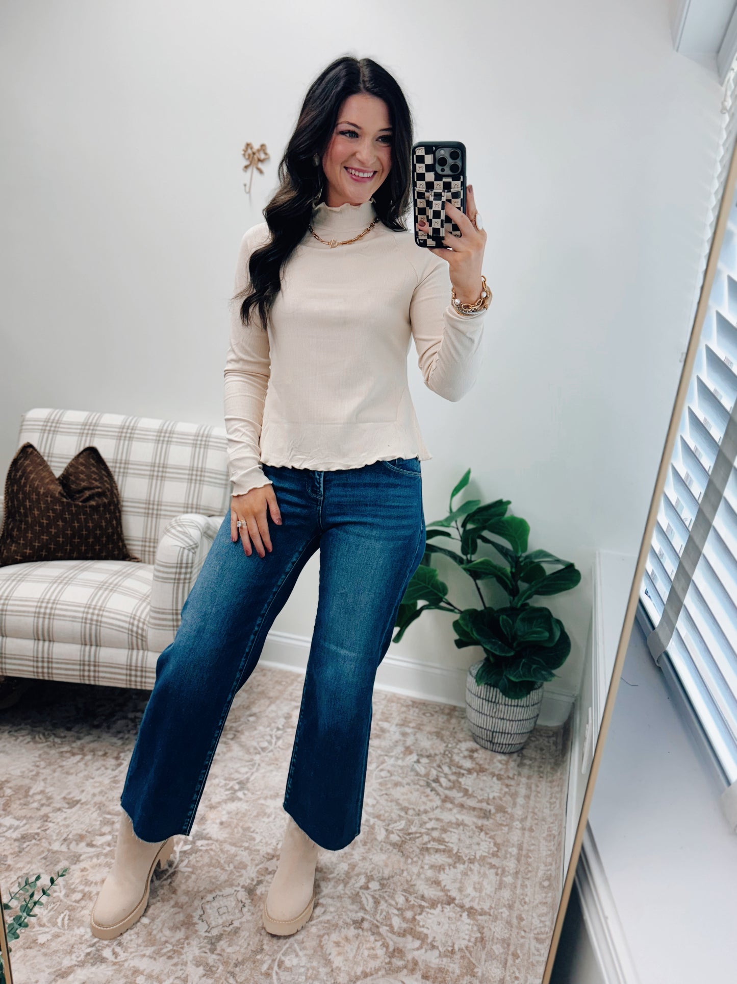 Milton Ruffle Mock Neck Layer Top - Beige