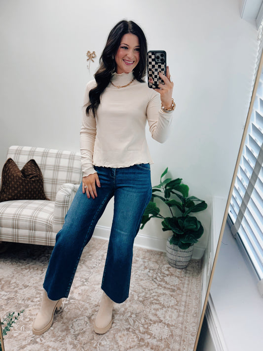 Milton Ruffle Mock Neck Layer Top - Beige