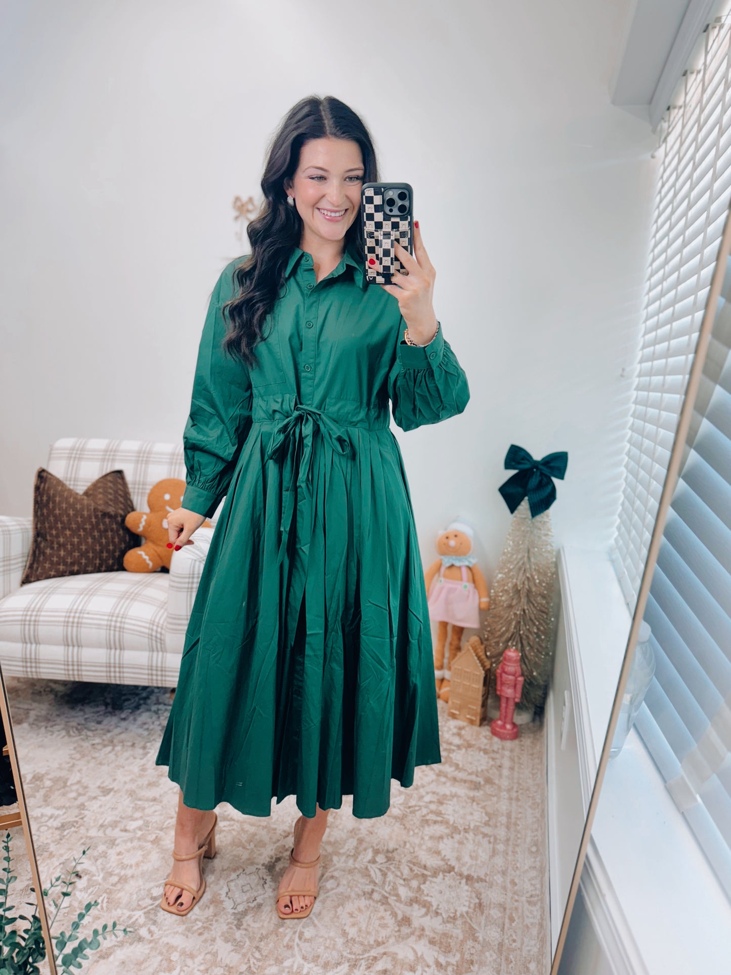 Evergreen Pleated Midi Tie Dress