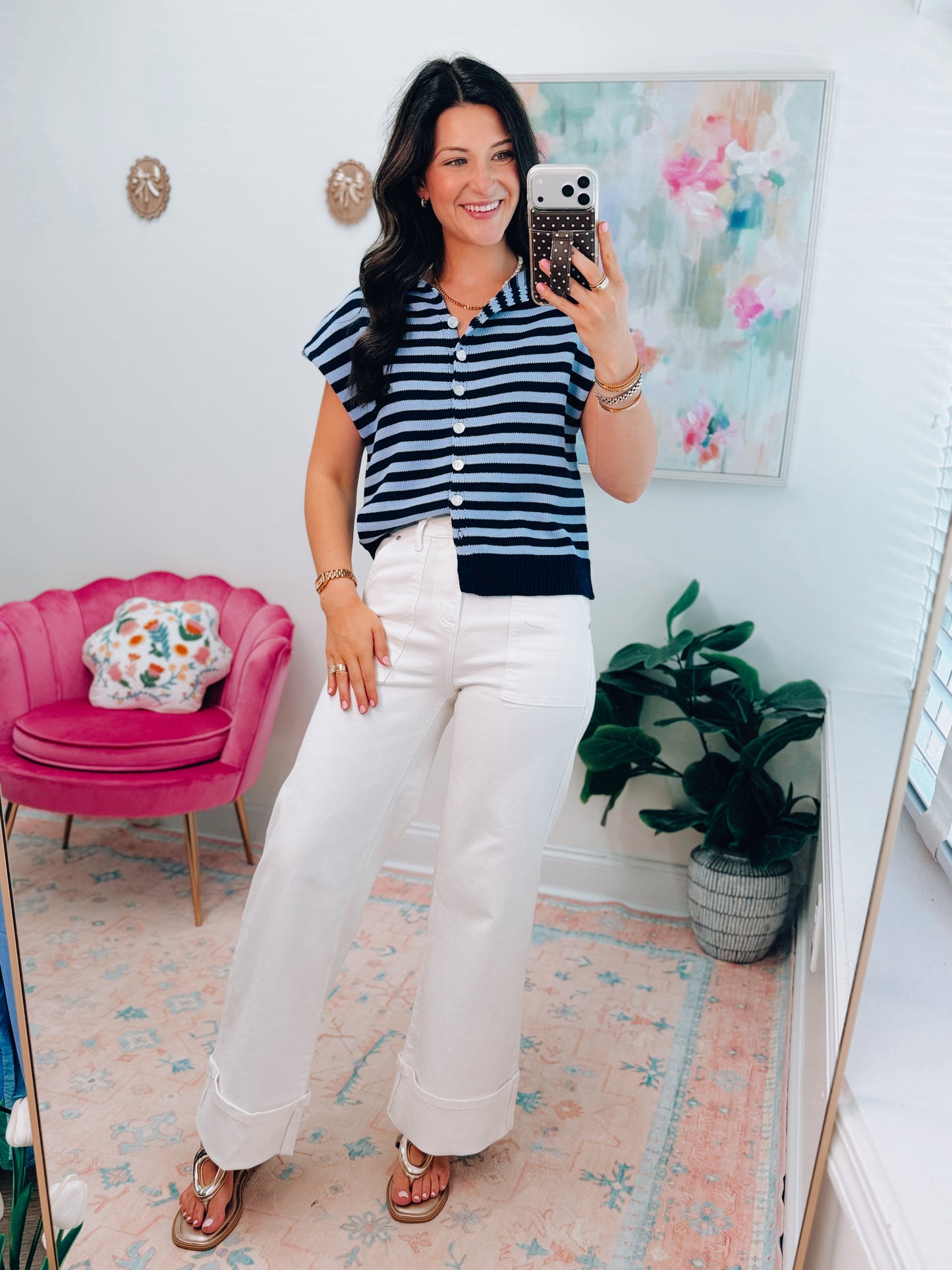 River Button Stripe Cuff Top - Navy