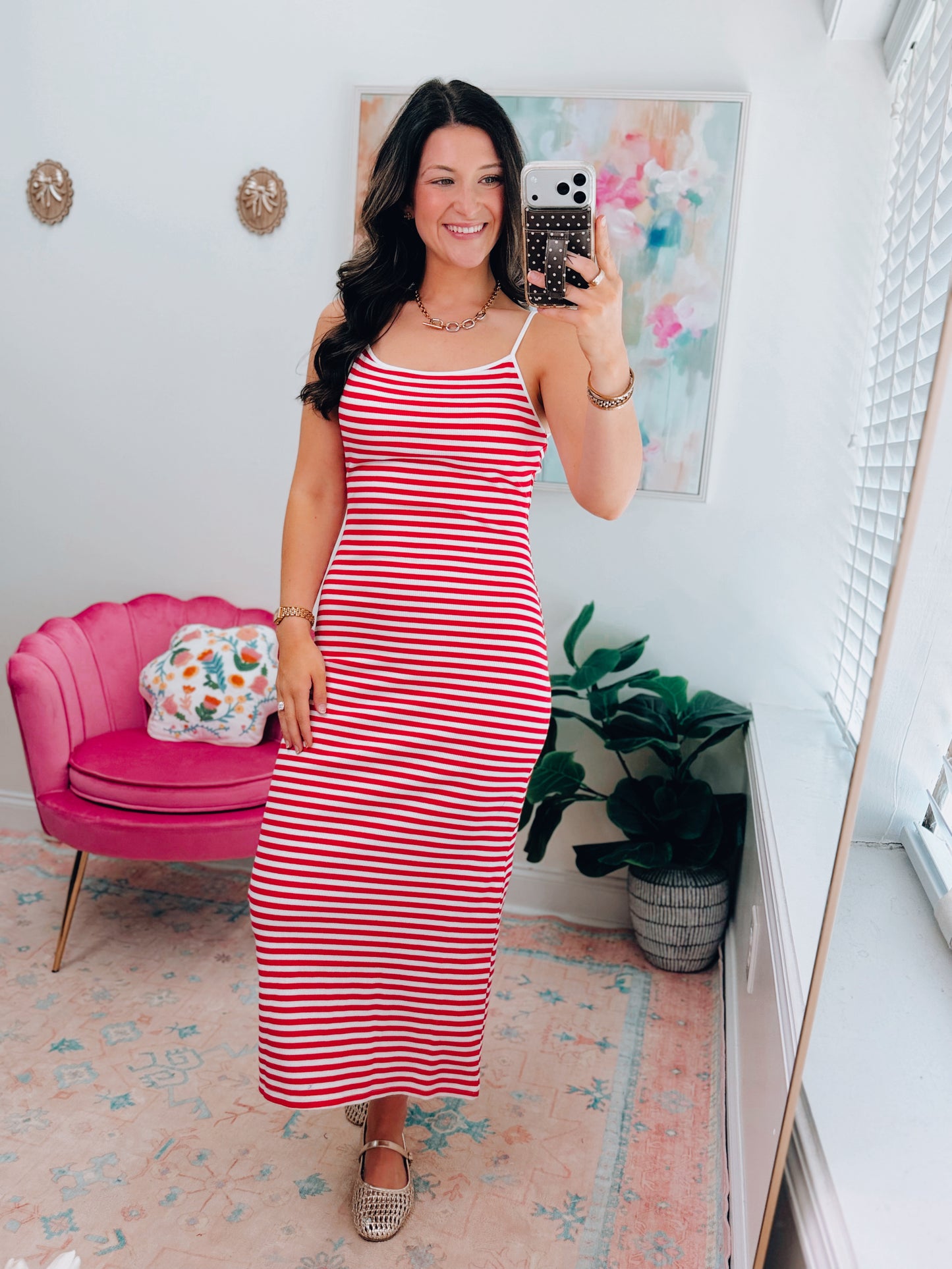 Red Stripe Ribbed Bodycon Midi Dress