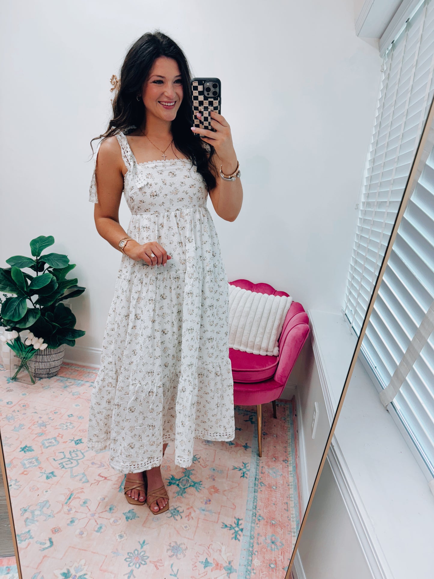 Floral Shoulder Tie Midi Dress