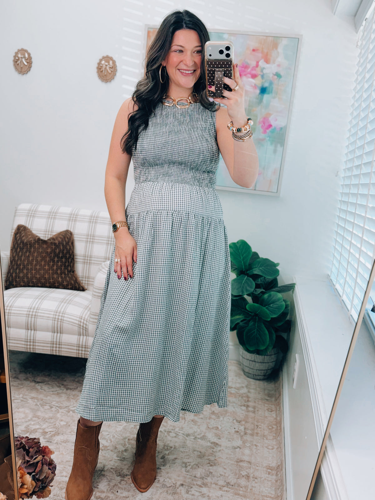 Green Gingham Smocked Tiered Midi Dress