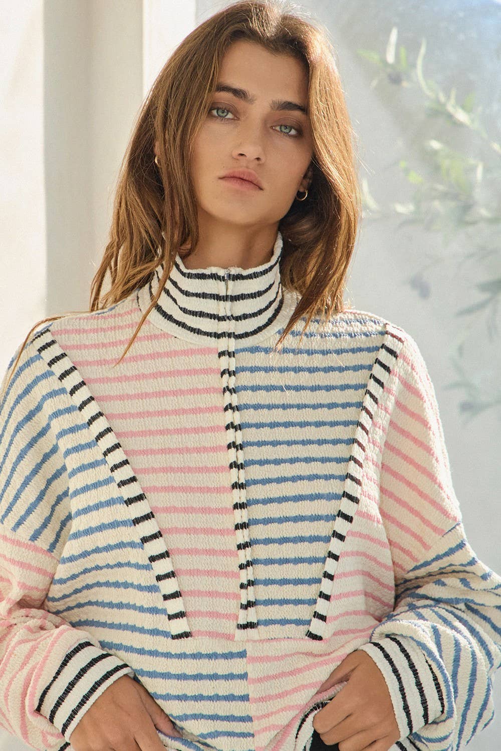Oversized Funnel Zip Striped Top